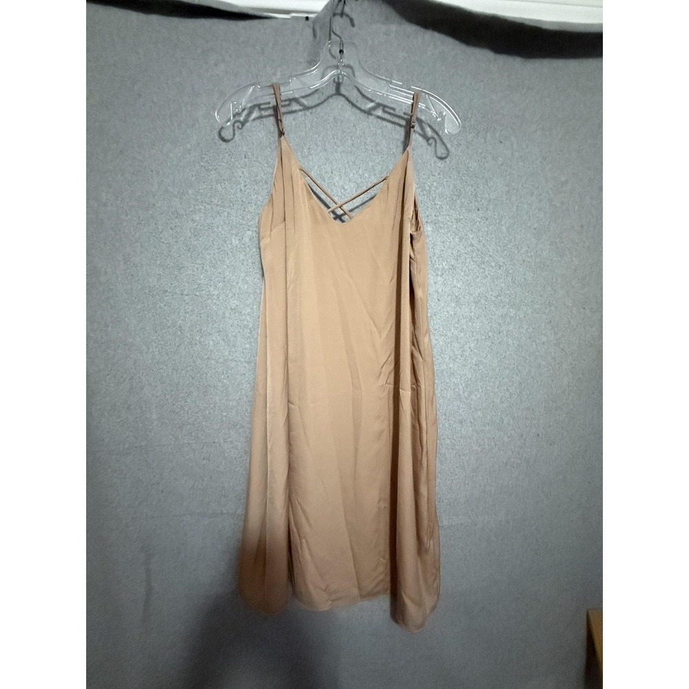 Leith Dress Womens Medium Beige Satin Slip V Neck Strappy Lined Knee Length